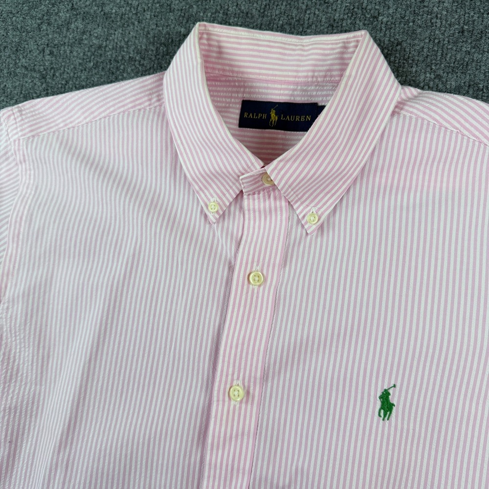 Polo Ralph Lauren Seersucker Shirt Mens L Pink White Striped Button Up Pony